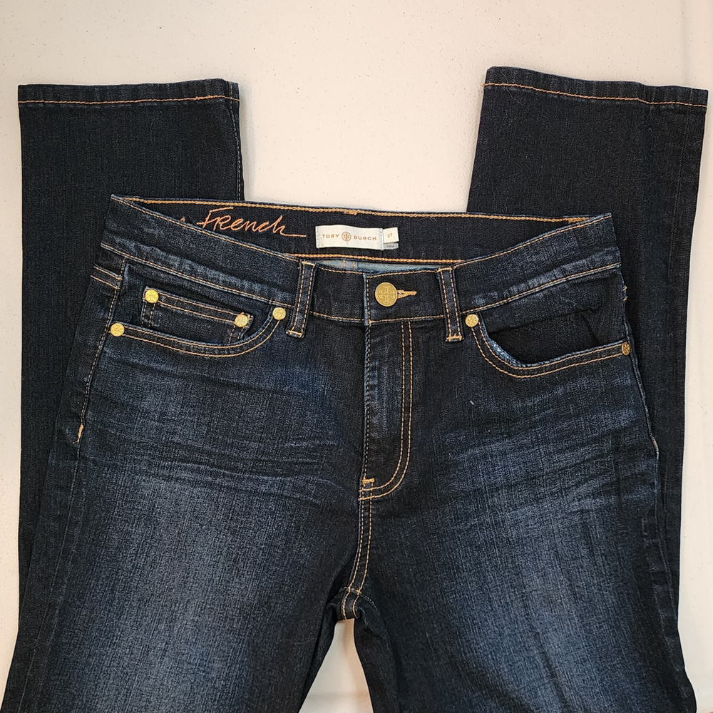 Tory Burch Pardon My French Dark Indigo Straight Leg Jeans NWOT Size 27